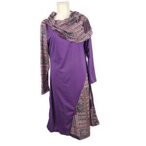 NWT Boho Mixed Fabric Tunic Dress Cowl Neck Women's M Long Sleeve Purple Midi